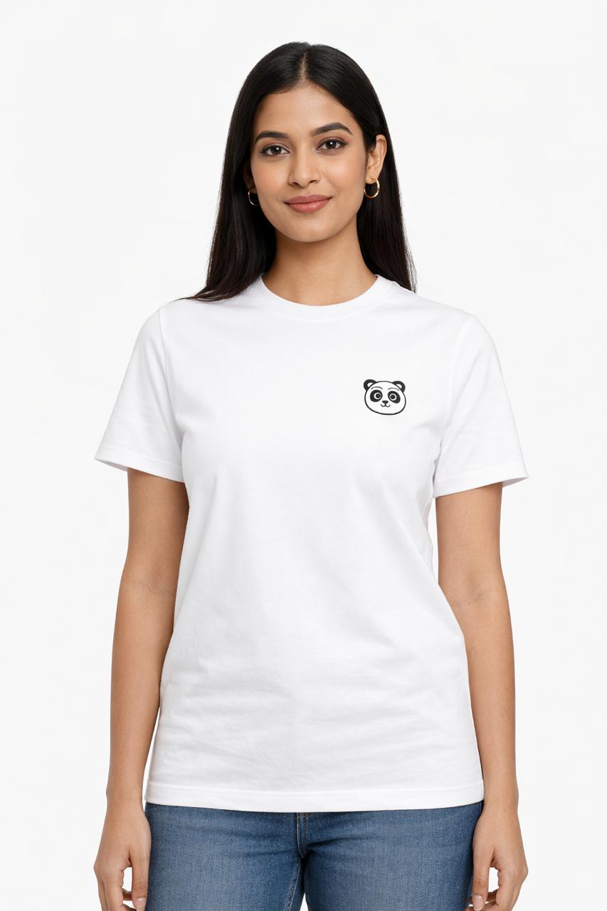 Woman wearing a white t-shirt with a panda logo on a white background